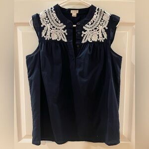 J. Crew Navy Ruffle Sleeved Top with White Embroidery